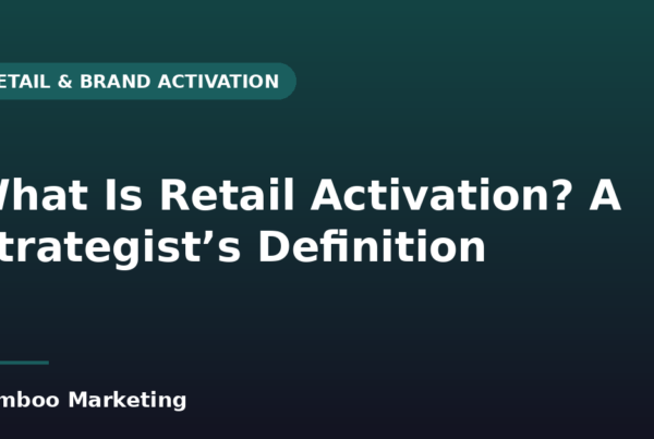 Retail activation defined by a strategist — shopper at a supermarket shelf engaging with an in-store brand display
