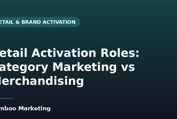 Retail activation roles: category marketing versus merchandising — Bamboo Marketing shopper marketing agency article graphic